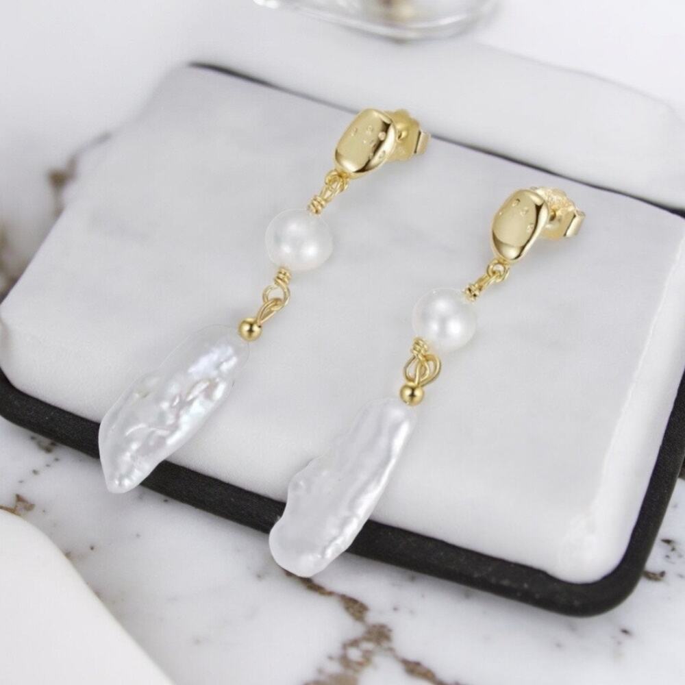 NEW 14K gold plated freshwater baroque pearl drop earrings jewelry gift B19